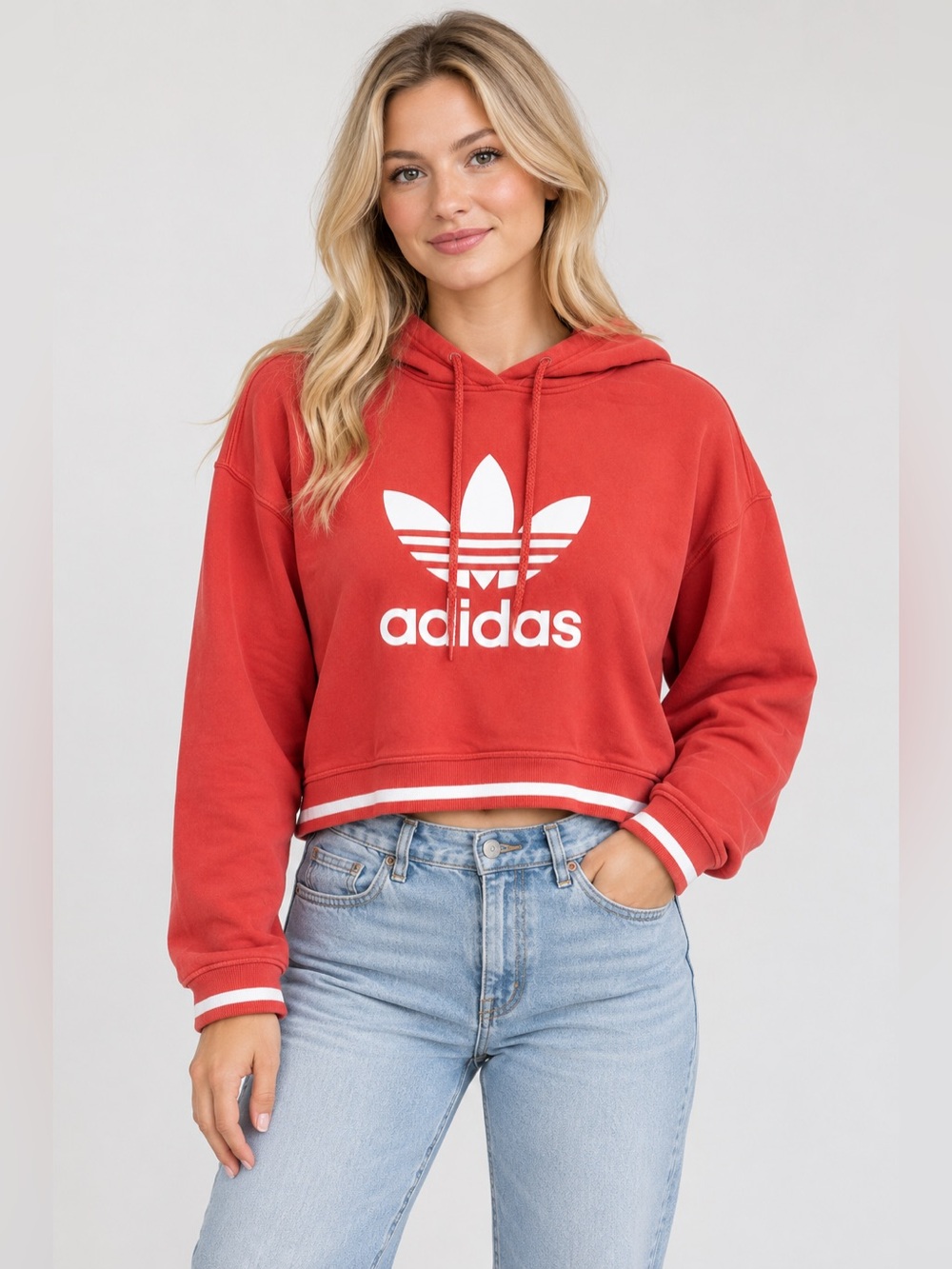 adidas Originals Trefoil Cropped Hoodie Red & White Medium